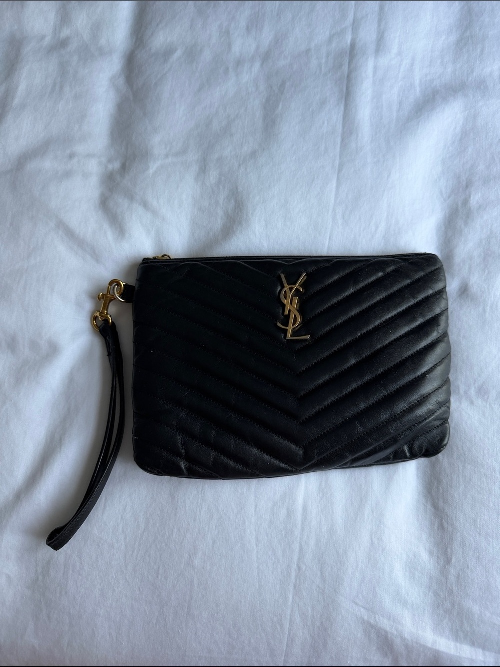 Saint Laurent Black Quilted Chevron Leather Wristlet with Gold YSL